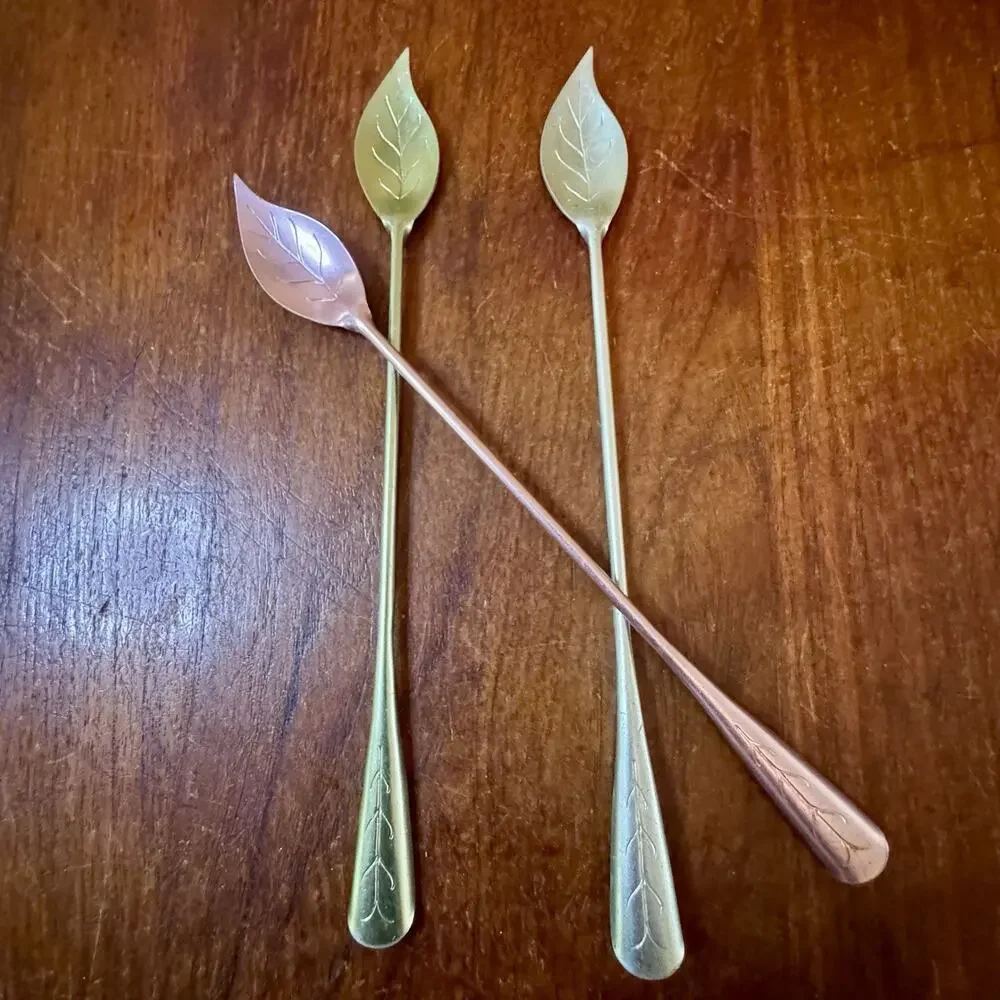 Vintage 3 Anodized Aluminum Iced Tea Dessert Spoons Leaf Shaped Pastel Colors